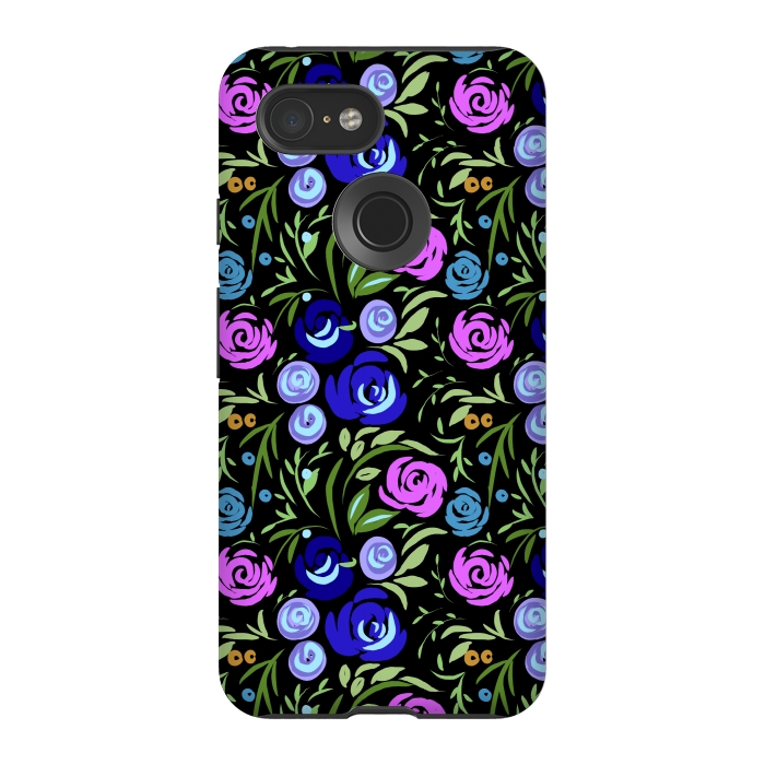 Pixel 3 StrongFit Floral design with tiny roses blue pink pattern by Josie