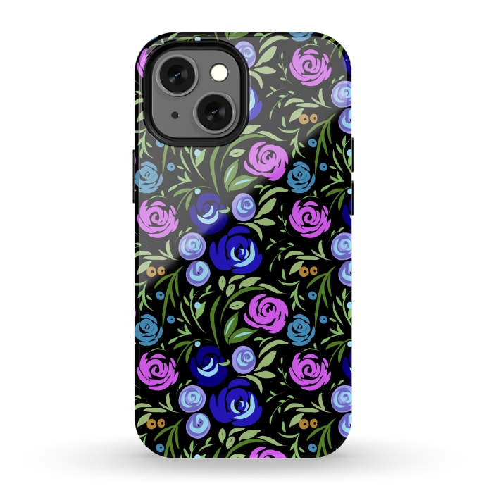iPhone 12 mini StrongFit Floral design with tiny roses blue pink pattern by Josie