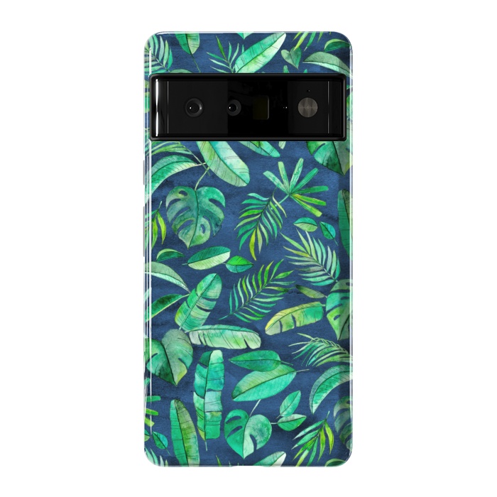 Pixel 6 Pro StrongFit Emerald Tropical Leaf Scatter on textured Navy Blue by Micklyn Le Feuvre
