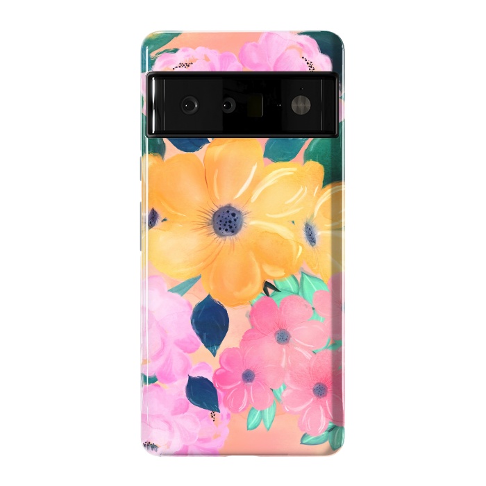 Pixel 6 Pro StrongFit Trendy Pink Peonies Yellow Sunflowers Watercolor paint by InovArts