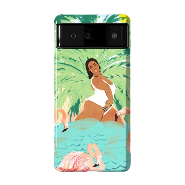 Pixel 6 StrongFit Tropical Summer Water Yoga with Palm & Flamingos | Woman of Color Black Woman Body Positivity by Uma Prabhakar Gokhale