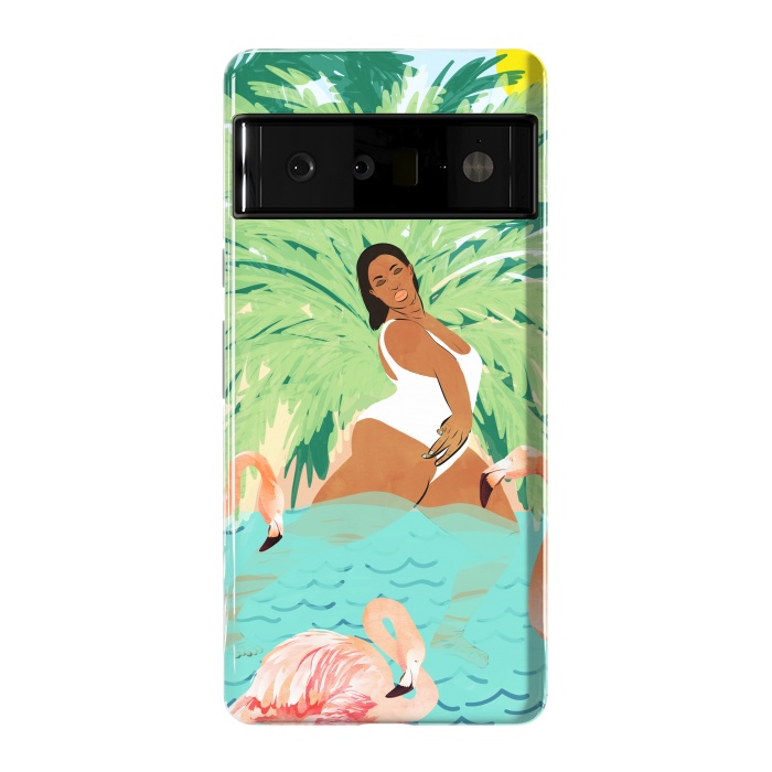 Pixel 6 Pro StrongFit Tropical Summer Water Yoga with Palm & Flamingos | Woman of Color Black Woman Body Positivity by Uma Prabhakar Gokhale