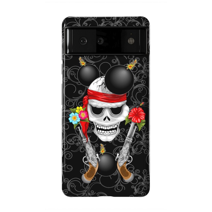 Pixel 6 StrongFit Pirate Skull, Ancient Guns, Flowers and Cannonballs by BluedarkArt