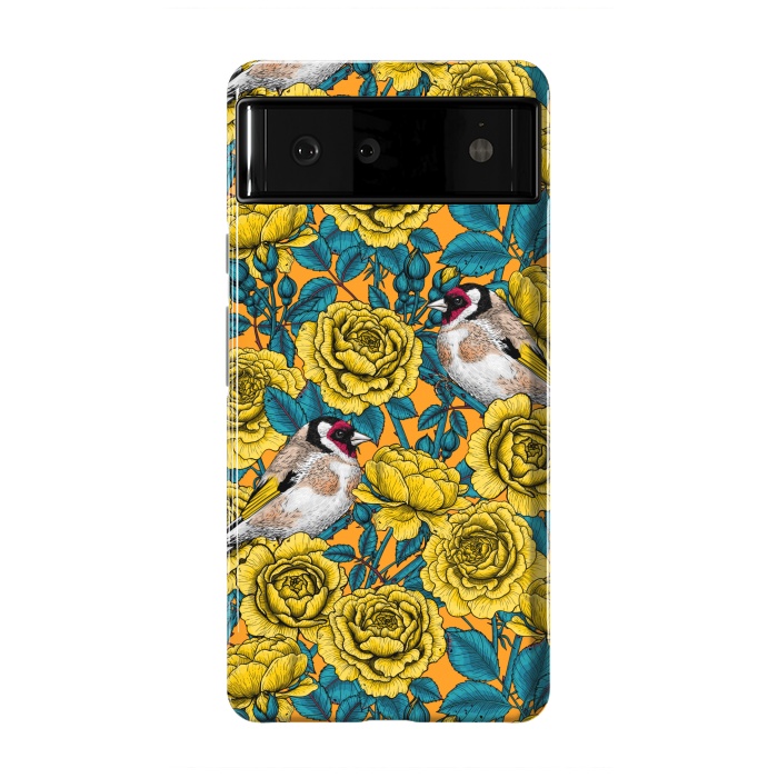 Pixel 6 StrongFit Rose flowers and goldfinch birds by Katerina Kirilova
