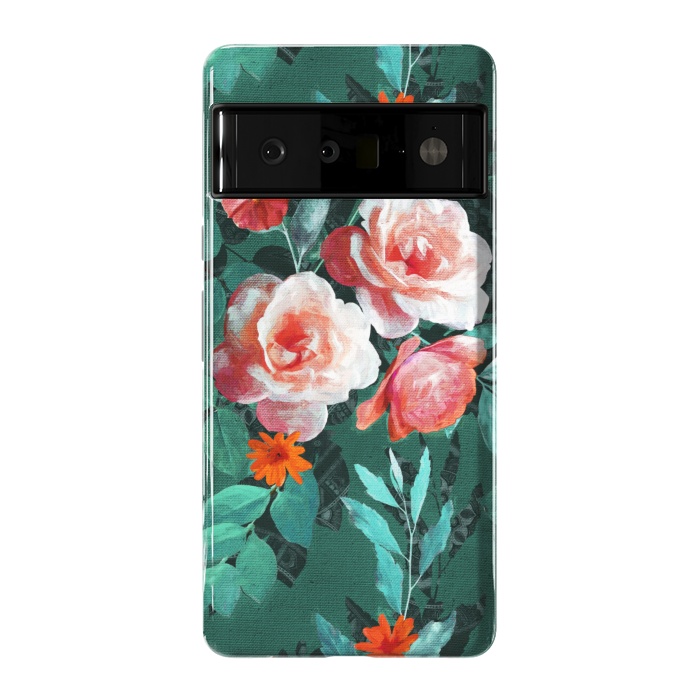 Pixel 6 Pro StrongFit Retro Rose Chintz in Melon Pink on Dark Emerald Green by Micklyn Le Feuvre