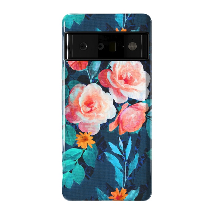 Pixel 6 Pro StrongFit Retro Rose Chintz in Bright Coral and Peach on Indigo Blue by Micklyn Le Feuvre