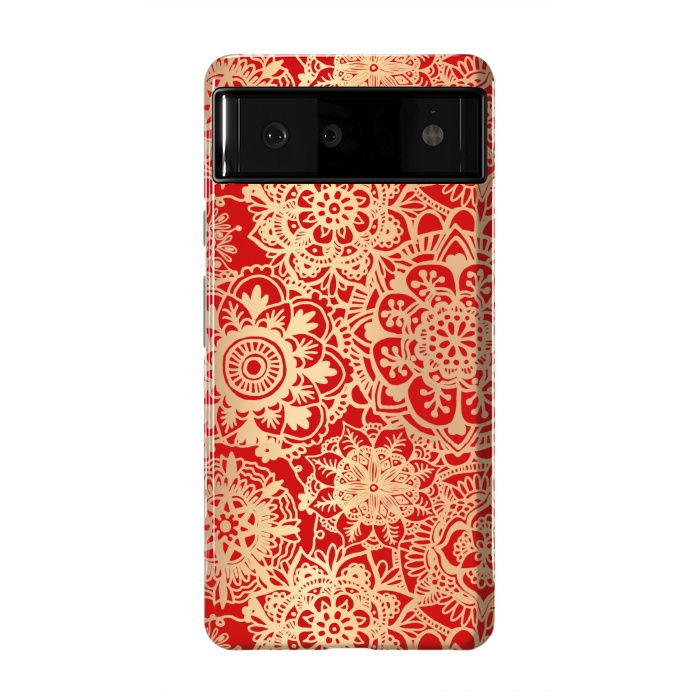 Pixel 6 StrongFit Red and Gold Mandala Pattern by Julie Erin Designs