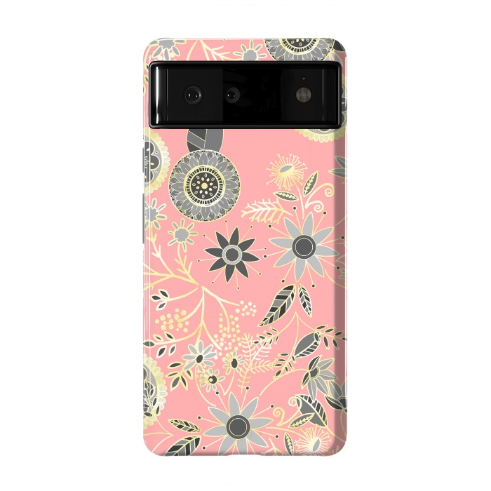 Pixel 6 StrongFit Elegant Gray and Pink Folk Floral Golden Design by InovArts