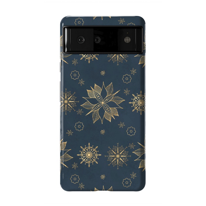 Pixel 6 StrongFit Elegant Gold Blue Poinsettias Snowflakes Pattern by InovArts