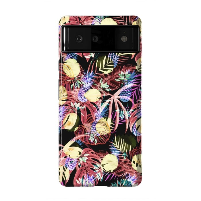 Pixel 6 StrongFit Colourful painted tropical leaves and pineapples by Oana 