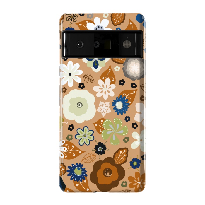 Pixel 6 Pro StrongFit Kitsch 70s Flowers in Classic Blue and Brown by Paula Ohreen