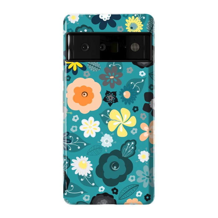 Pixel 6 Pro StrongFit Kitsch 70s Flowers in Classic Blue and Yellow by Paula Ohreen