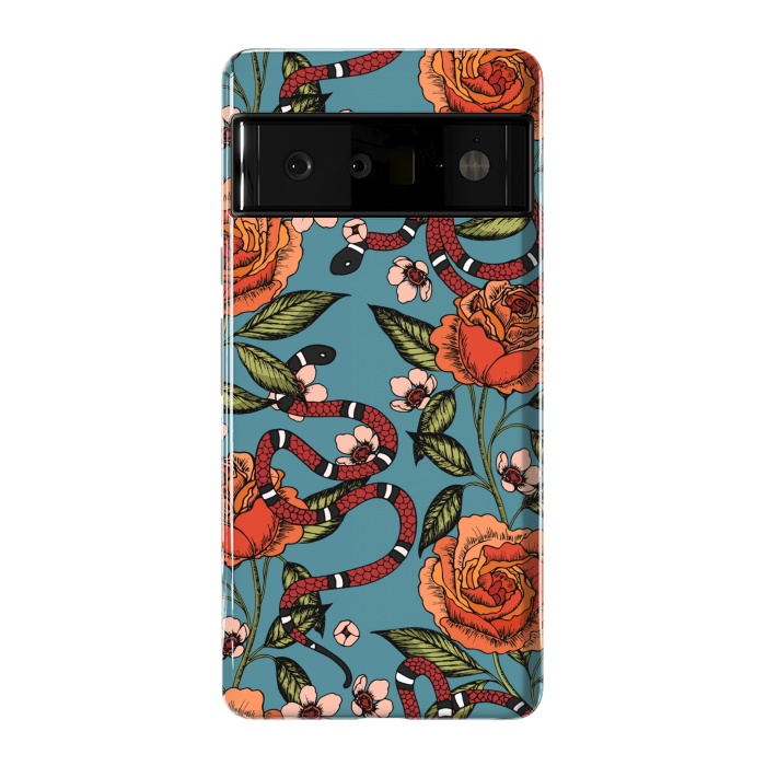 Pixel 6 Pro StrongFit Roses and snake. Blue pattern by Julia Badeeva