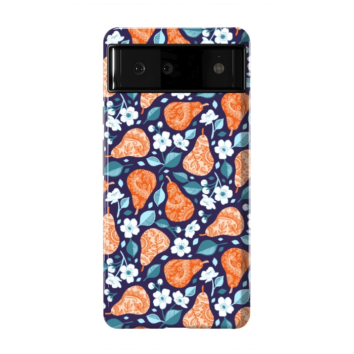 Pixel 6 StrongFit Cheerful Pears in Orange on Navy Blue by Micklyn Le Feuvre