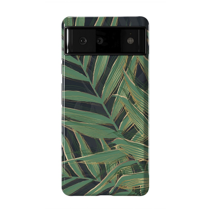 Pixel 6 StrongFit Trendy Green Palm Leaves Gold Strokes Gray Design by InovArts