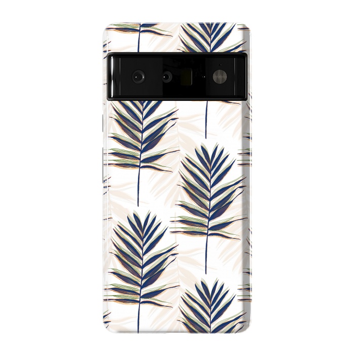 Pixel 6 Pro StrongFit Modern Blue Palm Leaves Gold Strokes White Design by InovArts