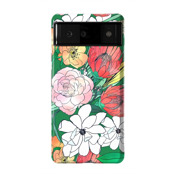 Pixel 6 StrongFit Colorful Hand Drawn Flowers Green Girly Design by InovArts