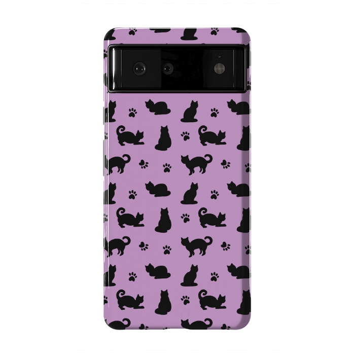 Pixel 6 StrongFit Black and Purple Cats and Paw Prints Pattern by Julie Erin Designs
