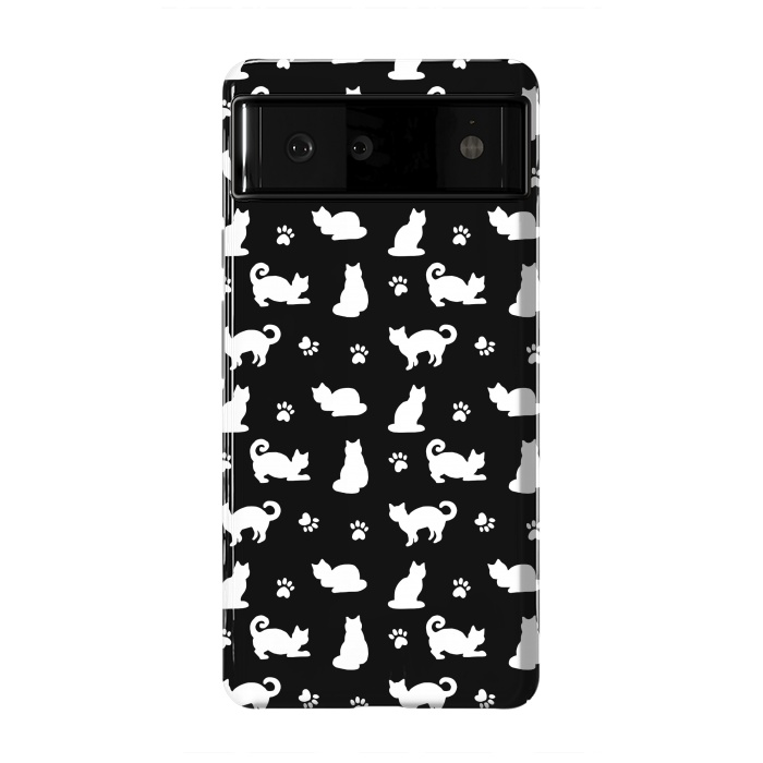 Pixel 6 StrongFit Black and White Cats and Paw Prints Pattern by Julie Erin Designs