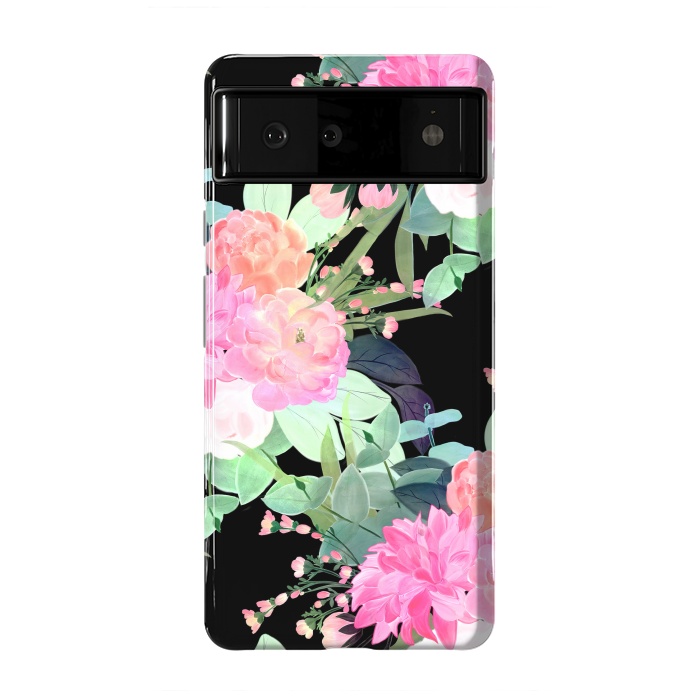 Pixel 6 StrongFit Trendy Pink & Black Flowers Watercolor Design by InovArts