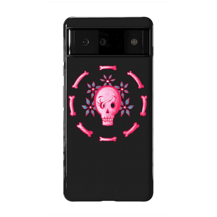 Pixel 6 StrongFit Funny Skull In Pink With Flowers And Bones by Boriana Giormova