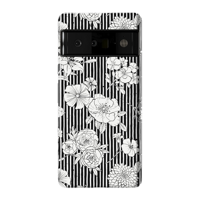 Pixel 6 Pro StrongFit Flowers and Stripes Black and White by Ninola Design