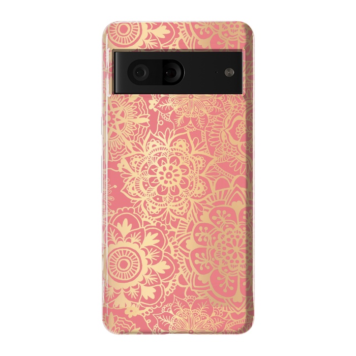 Pixel 7 StrongFit Coral Pink and Gold Mandala Pattern by Julie Erin Designs