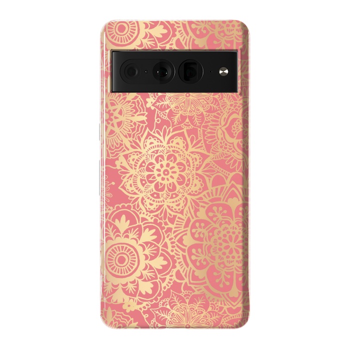 Pixel 7 Pro StrongFit Coral Pink and Gold Mandala Pattern by Julie Erin Designs