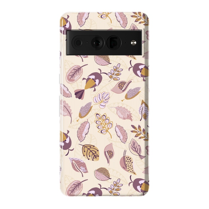Pixel 7 Pro StrongFit Cute parrots in a fun tossed pattern with funky leaves in purple and mustard by Paula Ohreen