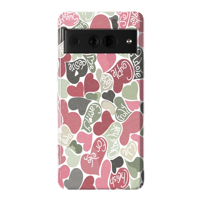 Pixel 7 Pro StrongFit Love hearts with loving words in pink and green by Paula Ohreen