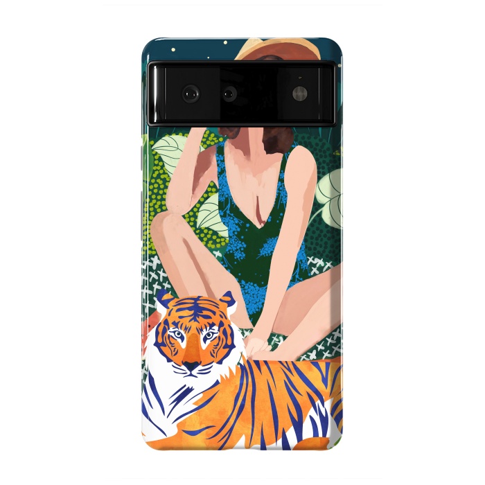 Pixel 6 StrongFit Living In The Jungle, Tiger Tropical Picnic Illustration, Forest Woman Bohemian Travel Camp Wild by Uma Prabhakar Gokhale