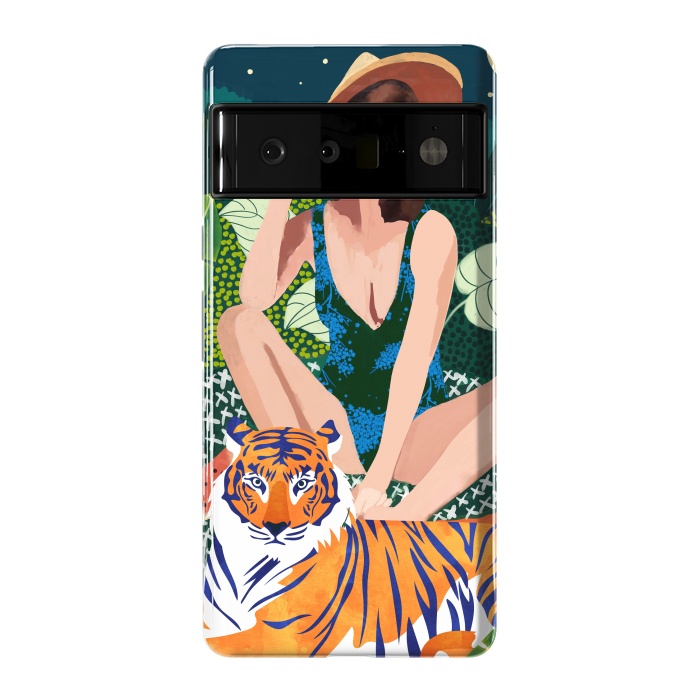 Pixel 6 Pro StrongFit Living In The Jungle, Tiger Tropical Picnic Illustration, Forest Woman Bohemian Travel Camp Wild by Uma Prabhakar Gokhale