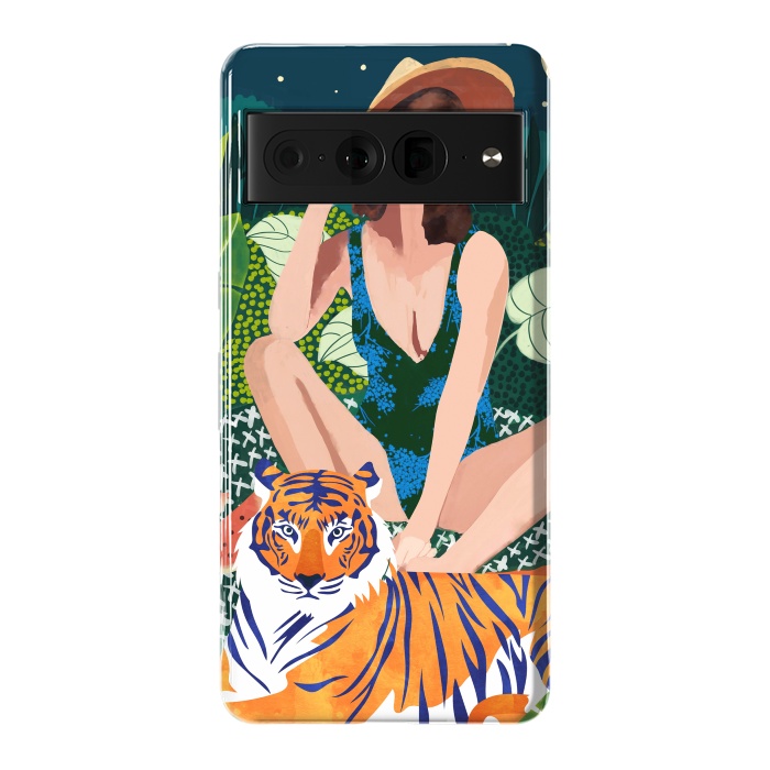 Pixel 7 Pro StrongFit Living In The Jungle, Tiger Tropical Picnic Illustration, Forest Woman Bohemian Travel Camp Wild by Uma Prabhakar Gokhale