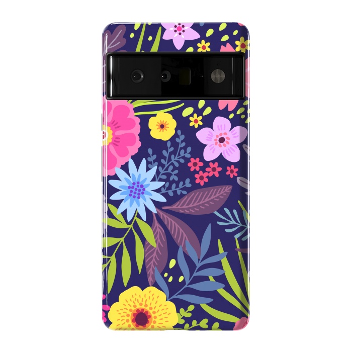 Pixel 6 Pro StrongFit Amazing seamless floral pattern with bright colorful flowers and leaves on a dark blue background by ArtsCase