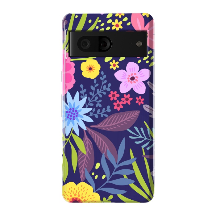 Pixel 7 StrongFit Amazing seamless floral pattern with bright colorful flowers and leaves on a dark blue background by ArtsCase