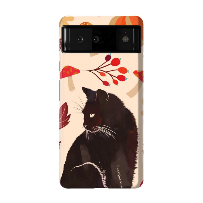 Pixel 6 StrongFit Black cat and autumn woodland pattern - leaves, mushroom, pumpkin by Oana 