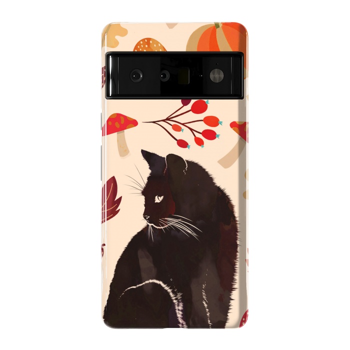Pixel 6 Pro StrongFit Black cat and autumn woodland pattern - leaves, mushroom, pumpkin by Oana 