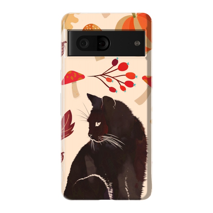 Pixel 7 StrongFit Black cat and autumn woodland pattern - leaves, mushroom, pumpkin by Oana 