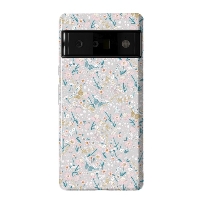 Pixel 6 Pro StrongFit Delicate Daisies and Butterflies half-drop repeat pattern by Paula Ohreen