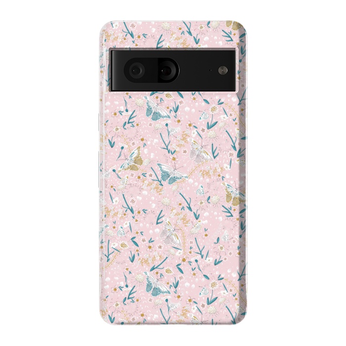 Pixel 7 StrongFit Delicate Daisies and Butterflies half-drop repeat pattern on Pink by Paula Ohreen