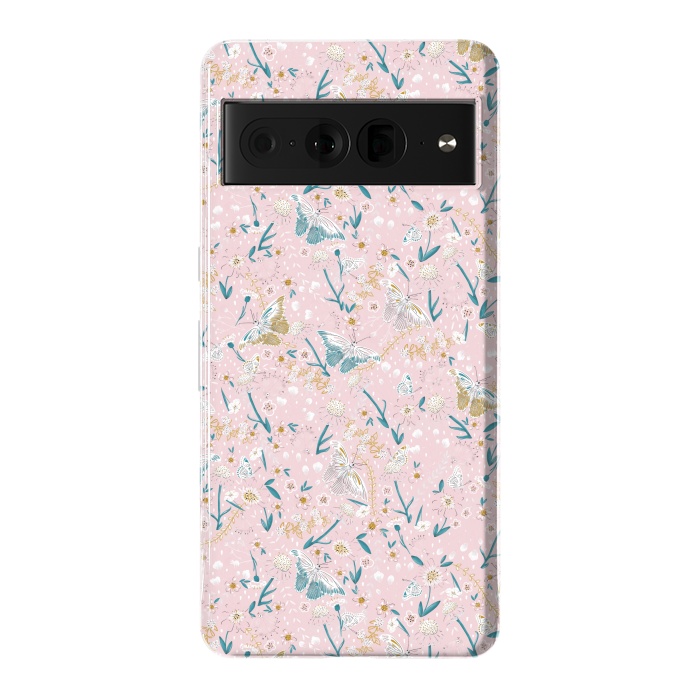 Pixel 7 Pro StrongFit Delicate Daisies and Butterflies half-drop repeat pattern on Pink by Paula Ohreen