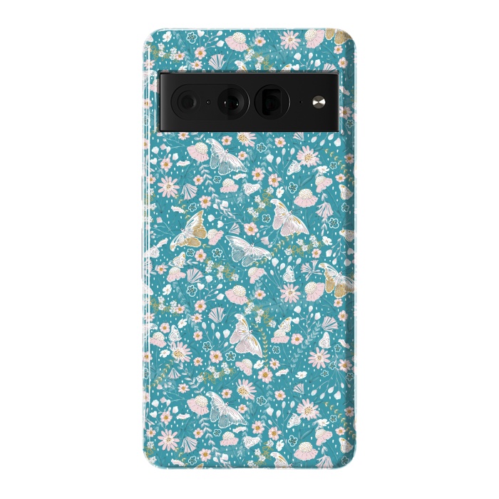 Pixel 7 Pro StrongFit Delicate Daisies and Butterflies half-drop repeat pattern on Blue by Paula Ohreen