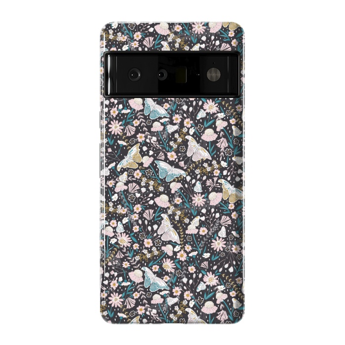Pixel 6 Pro StrongFit Delicate Daisies and Butterflies half-drop repeat pattern on Black by Paula Ohreen
