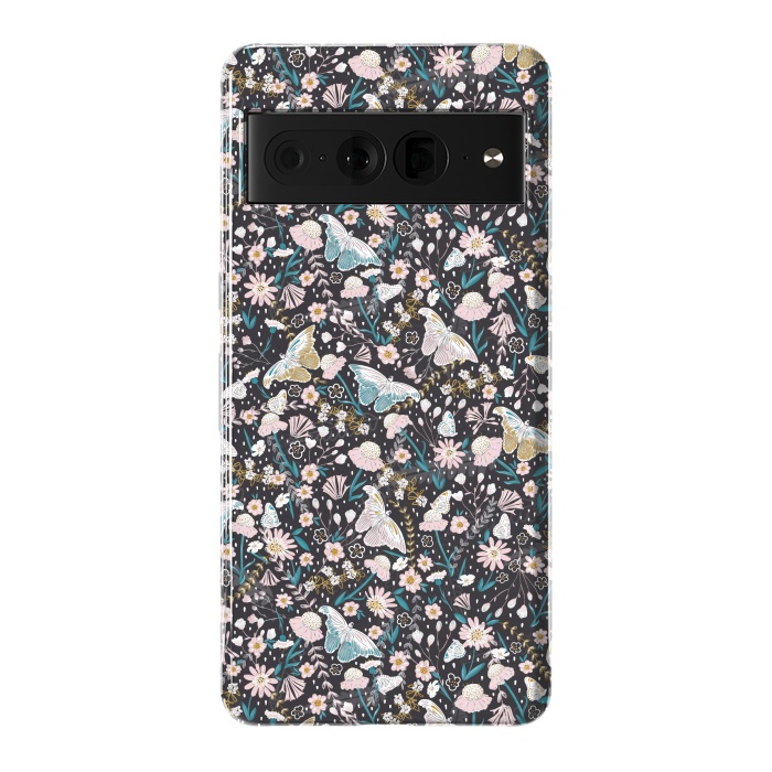 Pixel 7 Pro StrongFit Delicate Daisies and Butterflies half-drop repeat pattern on Black by Paula Ohreen