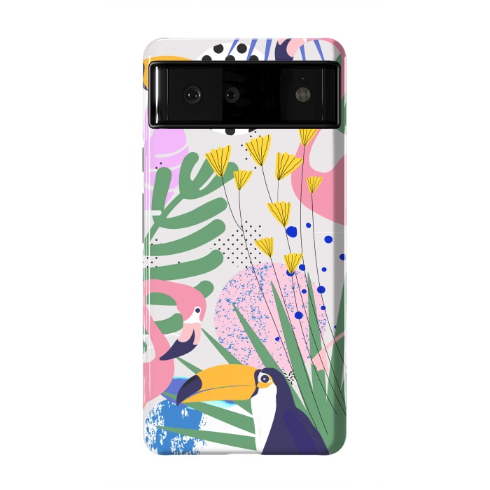 Pixel 6 StrongFit Tropical Spring | Pastel Quirky Modern Bohemian Jungle Botanical | Flamingo Palm Cockatoo Birds by Uma Prabhakar Gokhale