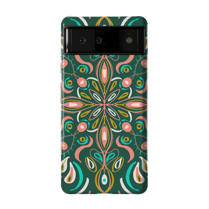 Pixel 6 StrongFit Bold Boho Mandala in Green Coral and Gold by ECMazur 