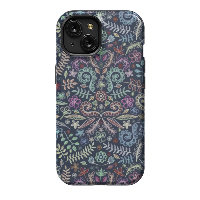 iPhone 15 StrongFit Colored Chalk Floral Doodle Pattern by Micklyn Le Feuvre