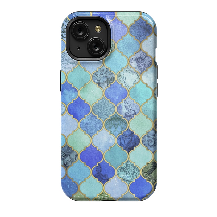 iPhone 15 StrongFit Cobalt Blue Aqua and Gold Decorative Moroccan Tile Pattern by Micklyn Le Feuvre