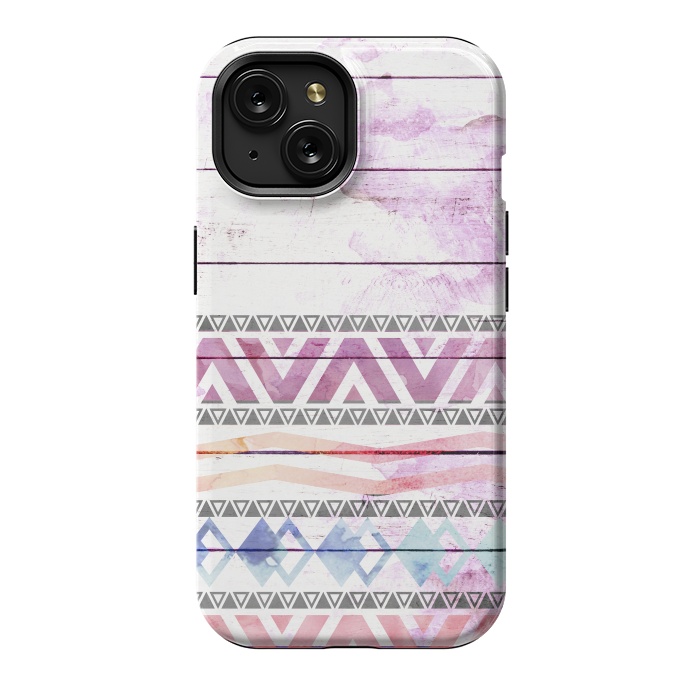iPhone 15 StrongFit Aztec Wood Watercolor by Girly Trend