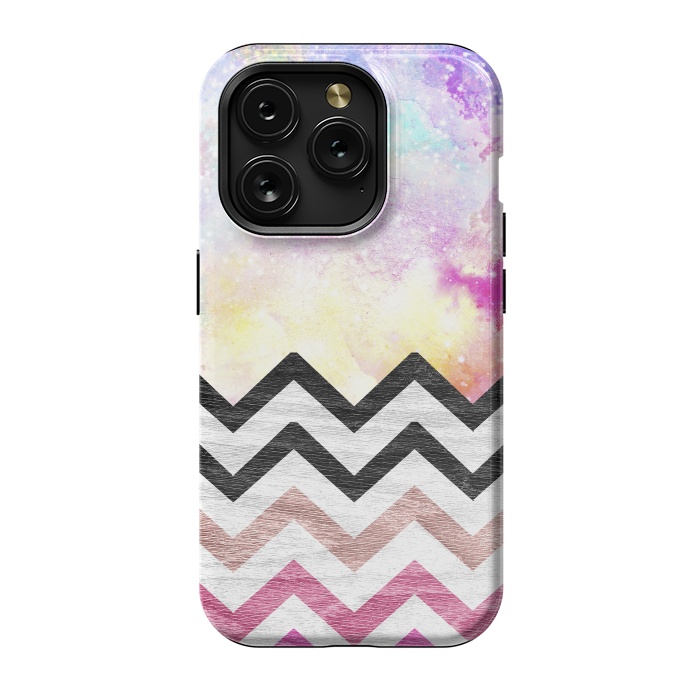 iPhone 15 Pro StrongFit SC Watercolor Nebula Space Pink ombre Wood Chevron by Girly Trend